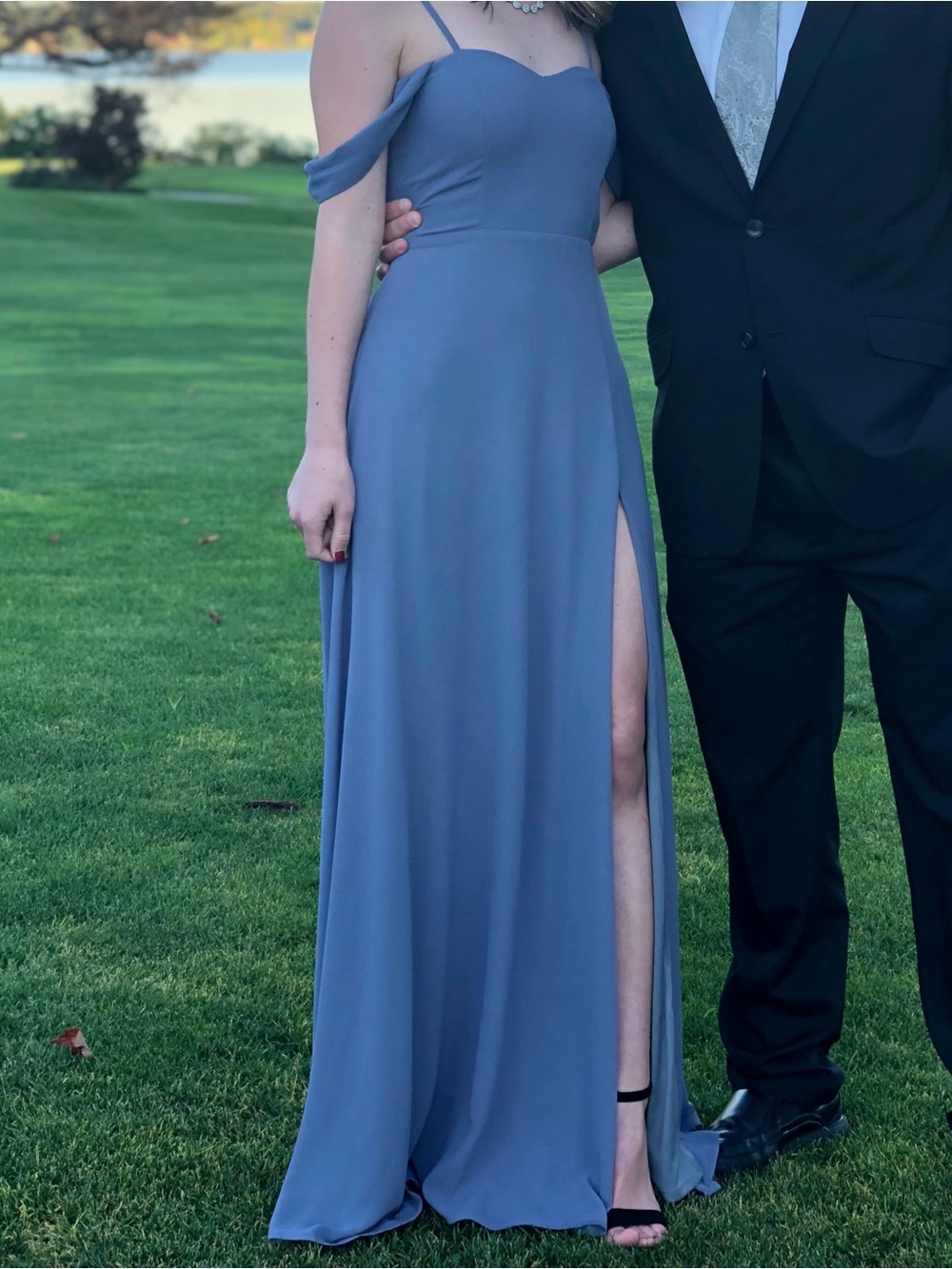 Lulu's Dusty Blue Off-Shoulder Maxi Dress with Side Slit